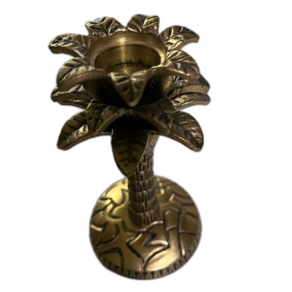 Vtg Brass Palm Tree  6" Tropical Eclectic Decor Candle Holder Boho Tiki Style